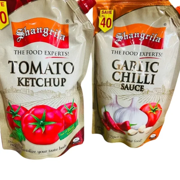 Tomato Ketchup & Garlic Chilli Sauce Combo – 800g Pouches, Shangrila Duo Delight
