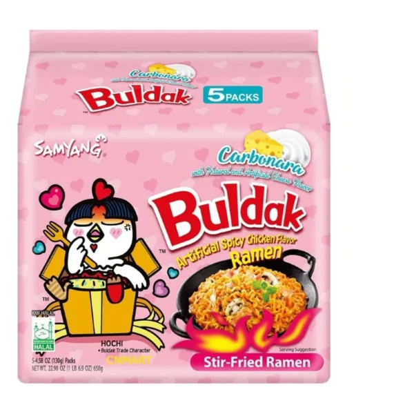 "Samyang Buldak Carbonara Spicy Korean Noodles Hot Chicken Flavor Ramen Noodle, Stir-Fried, 140g pack of 5| |Halal K-Food | Instant Ramen | Creamy Cheese Spicy Ramen | Korean Fire Noodles !"